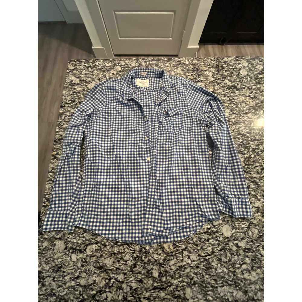 Hollister Mens XL Blue Gingham Long Sleeve Stretch Button Down Shirt Pocket